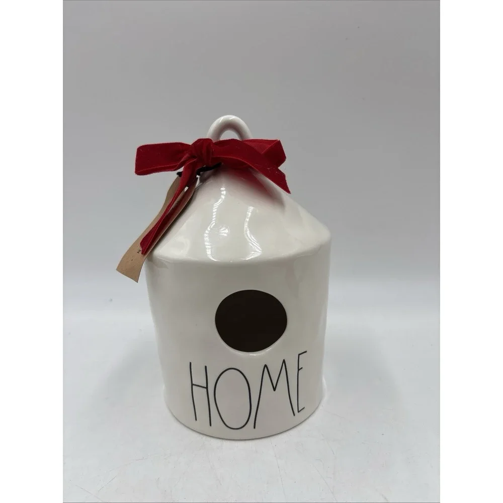 Rae Dunn Christmas Round Birdhouse HOME Red Ribbon Poinsettia On Back